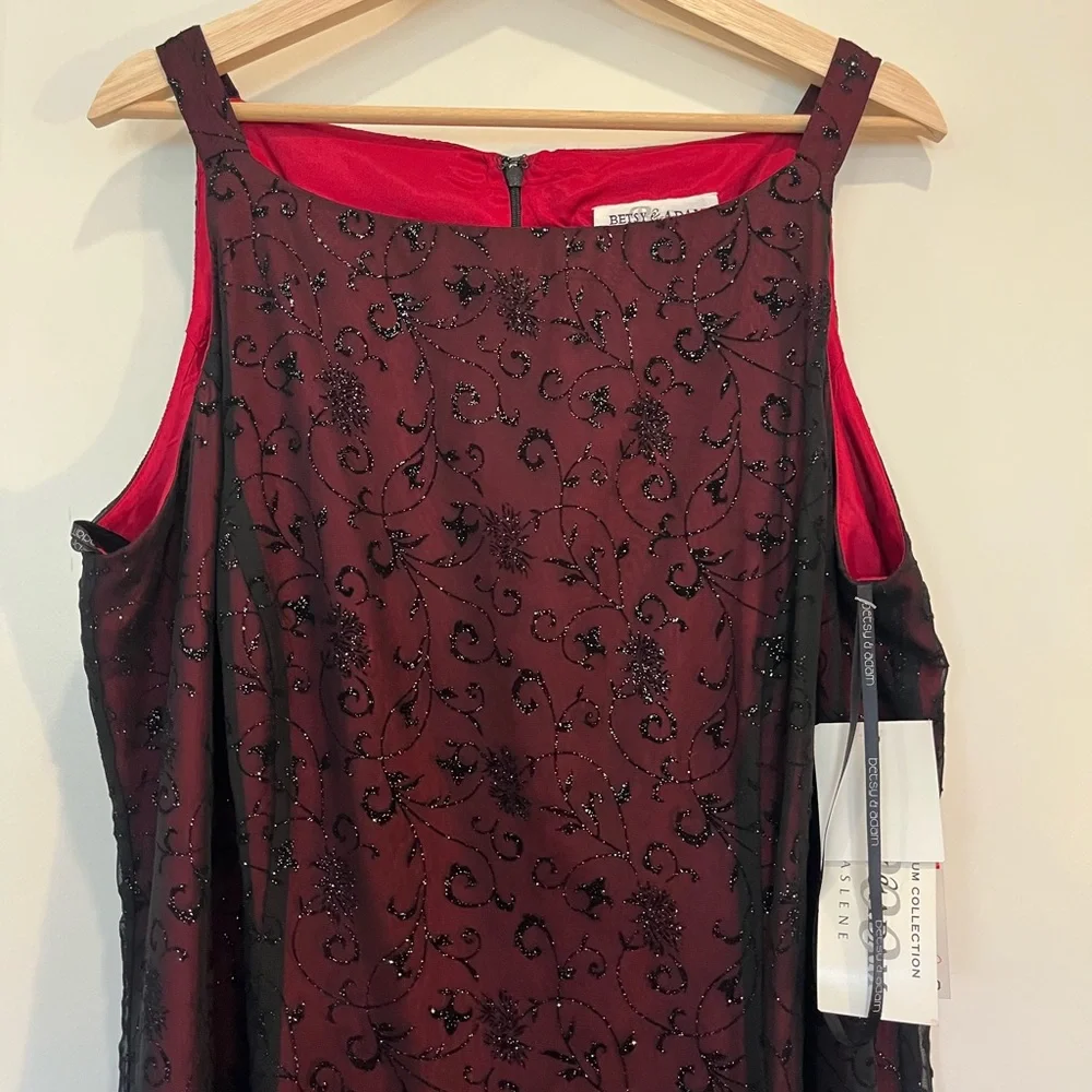 NWT Betsy & Adam Y2K sheer velvet burnout floral burgundy glittery formal dress - Picture 2 of 13